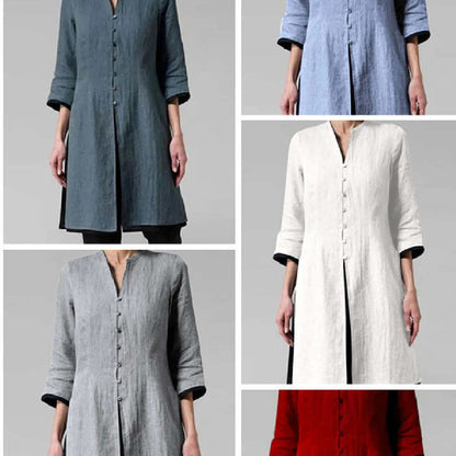 Chemises Vintages en Coton et Lin à manches 3/4 pour femmes/Bleu - Benetty