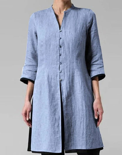 Chemises Vintages en Coton et Lin à manches 3/4 pour femmes/Bleu - Benetty