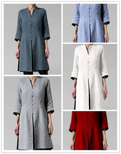 Chemises Vintages en Coton et Lin à manches 3/4 pour femmes/Gris - Benetty